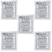 Set of five white packets with black text on a white background