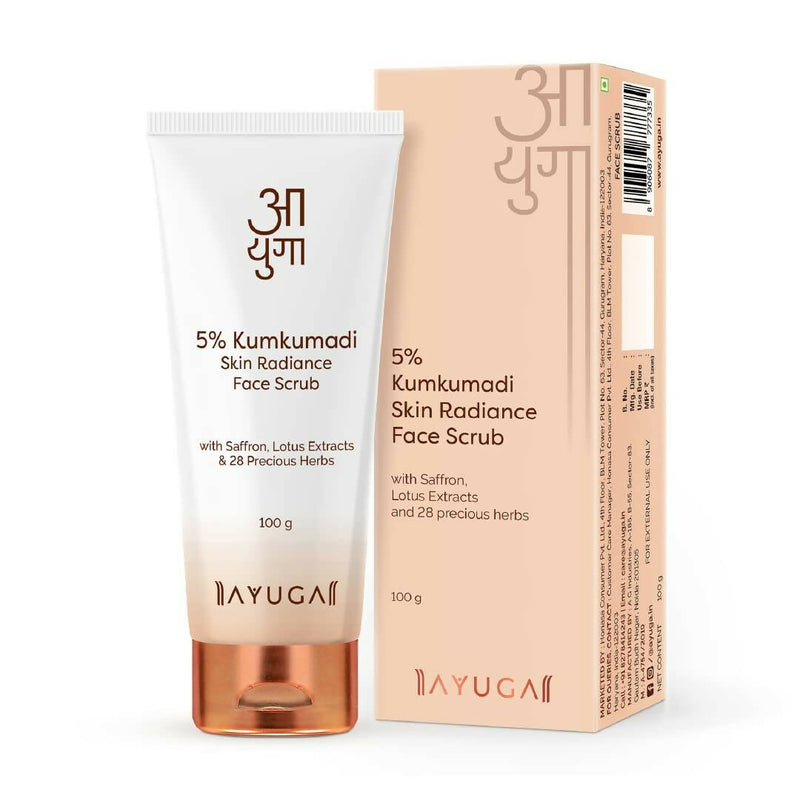 Packaging of Ayuga 5% Kumkumadi Skin Radiance Face Scrub with a tube and box, displaying the product name and Kumkumadi ingredients.