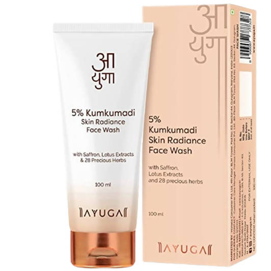 Ayuga 5% Kumkumadi Skin Radiance Face Wash packaging and tube. The packaging is predominantly pink and orange with text and branding, and the tube is white with a rose gold cap.
