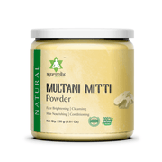 Jar of Multani Mitti powder with Ayurvedix branding on a white background