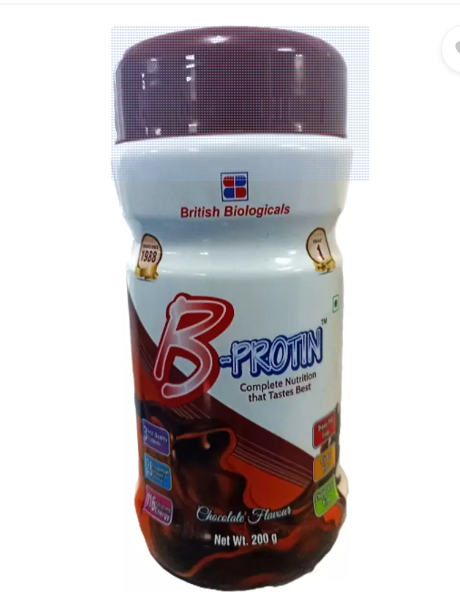B-Protein supplement bottle with British Biologicals branding on a white background