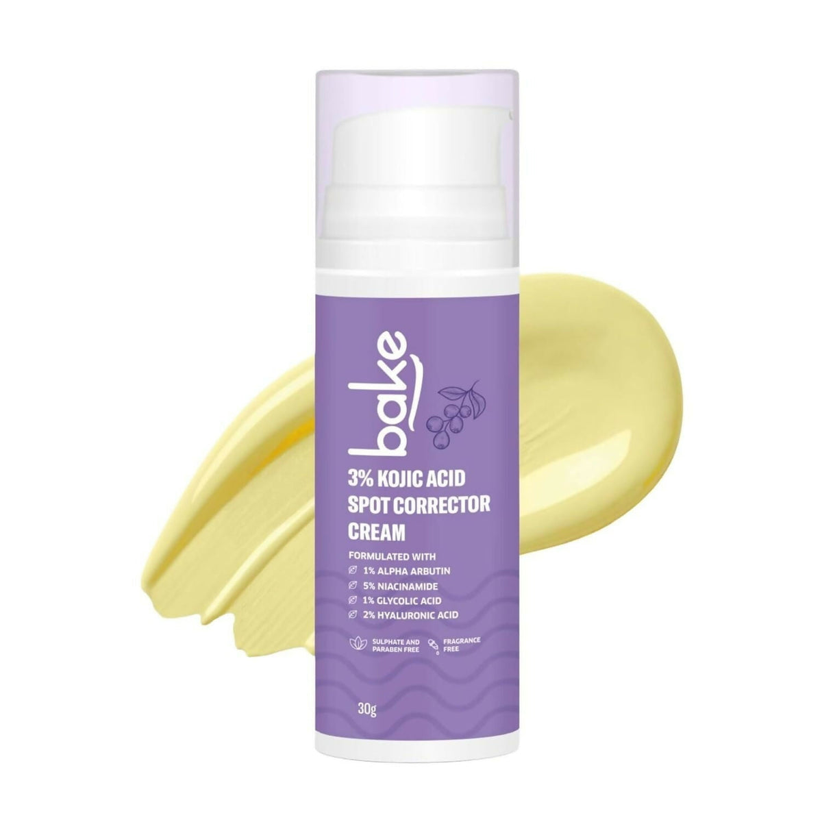 Bake 3% Kojic Acid Spot Corrector Cream with purple packaging on a white background