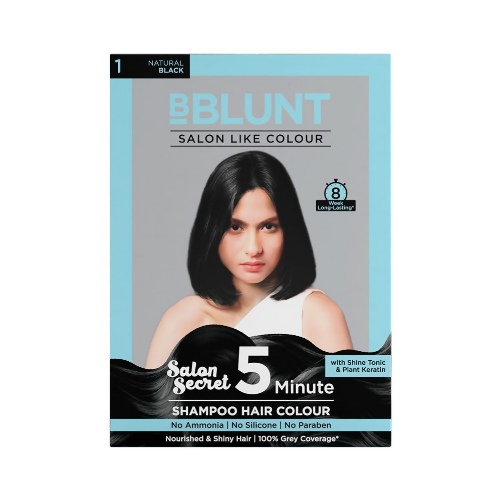 BBlunt shampoo hair color package with a model wearing black hair on a white background