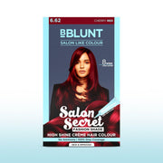 BBlunt hair color package with a model wearing cherry red hair on a light blue background