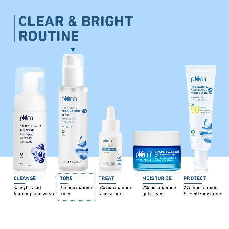 Plum 3% Niacinamide & Rice Water Face Toner - Reduces Pores & Blemishes For Bright Skin