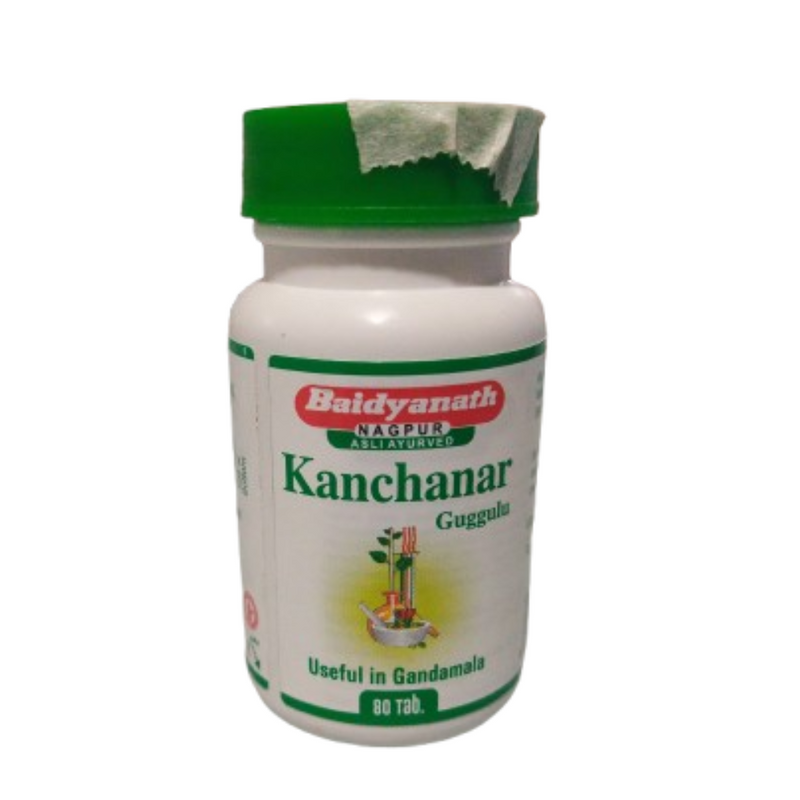 Bottle of Baidyanath Kanchanar Guggulu on a white background