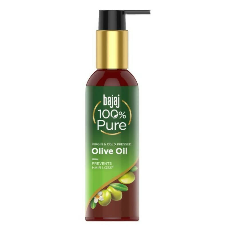 Bajaj 100% Pure Olive Oil bottle on a white background