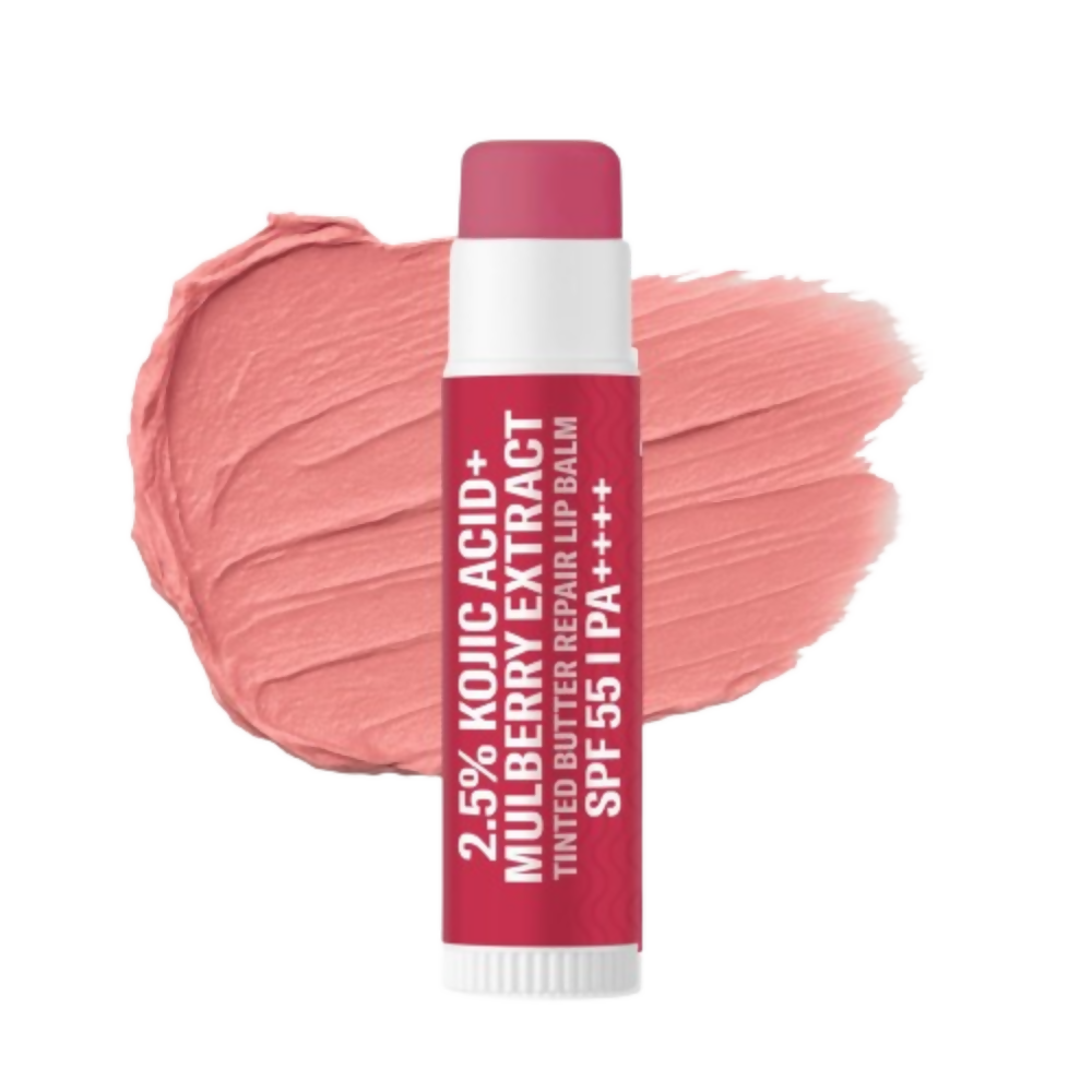 Lip balm with pink packaging and coral color swatch on a white background