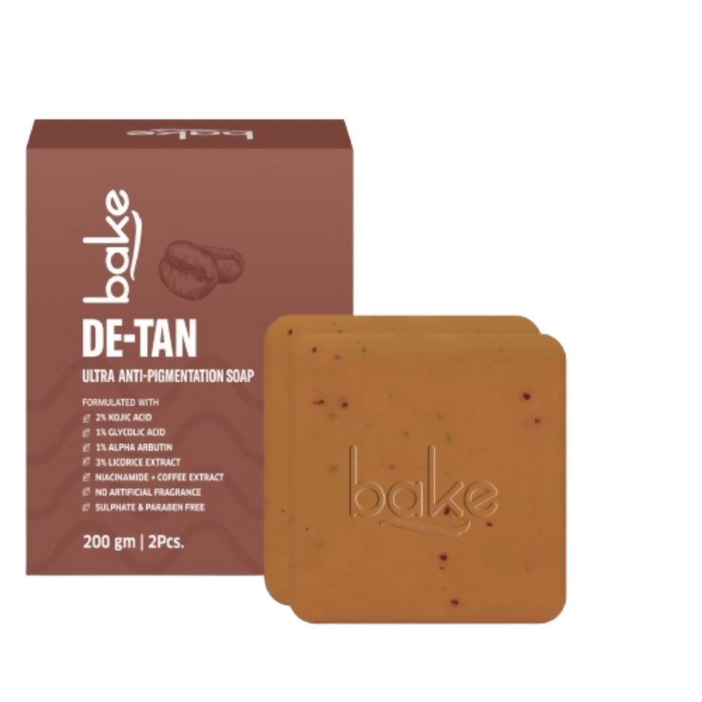 Bake De-Tan soap bar and packaging on a white background