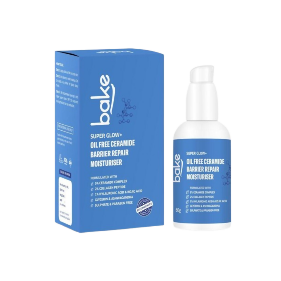 Bake Super Glow+ oil-free ceramide barrier repair moisturizer packaging and bottle on a white background