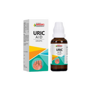 Bottle and box of Uric Aid Drops by Dr. Barkans on a white background