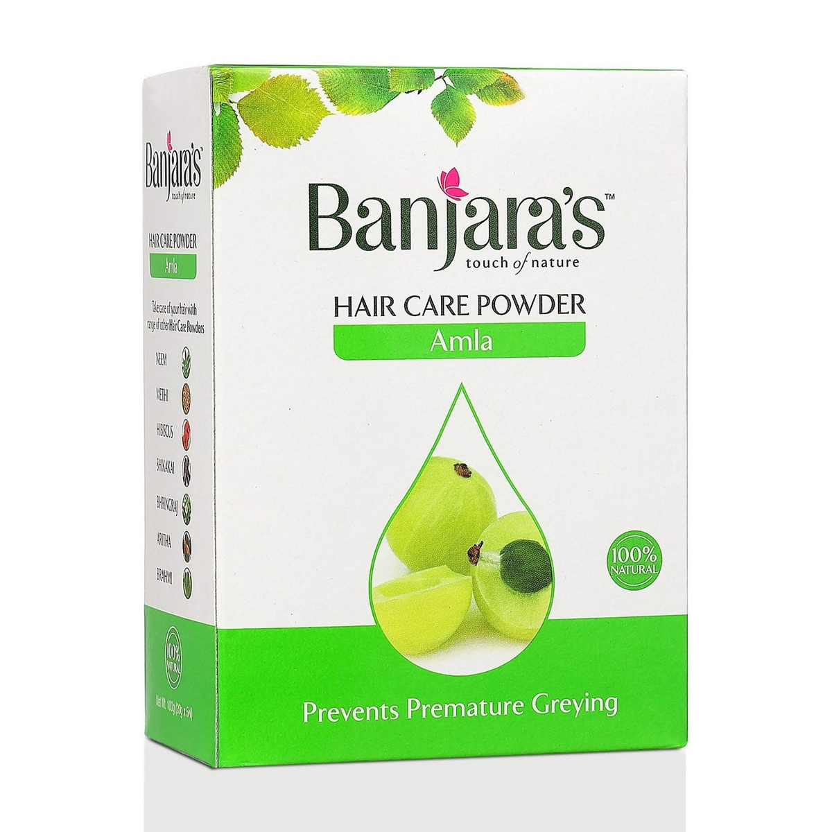 Banjaras hair care powder packaging with amla illustration on a white background