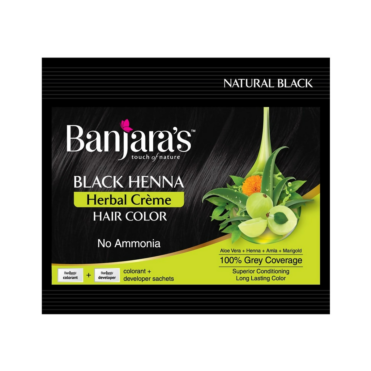 Banjara's Black Henna Herbal Crème Hair Color packaging on a white background