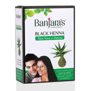 Banjara's Black Henna Aloe Vera + Henna product packaging on a white background