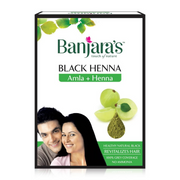 Banjara's Black Henna packaging with a couple and henna plant illustration on a white background
