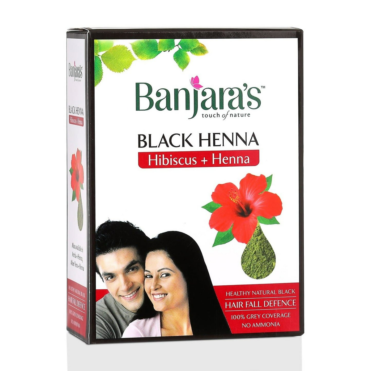 Banjara's Black Henna packaging with a man and woman on a white background