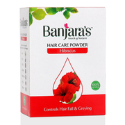 Banjara's Hibiscus Hair Care Powder packaging with red flower and green leaves on a white background