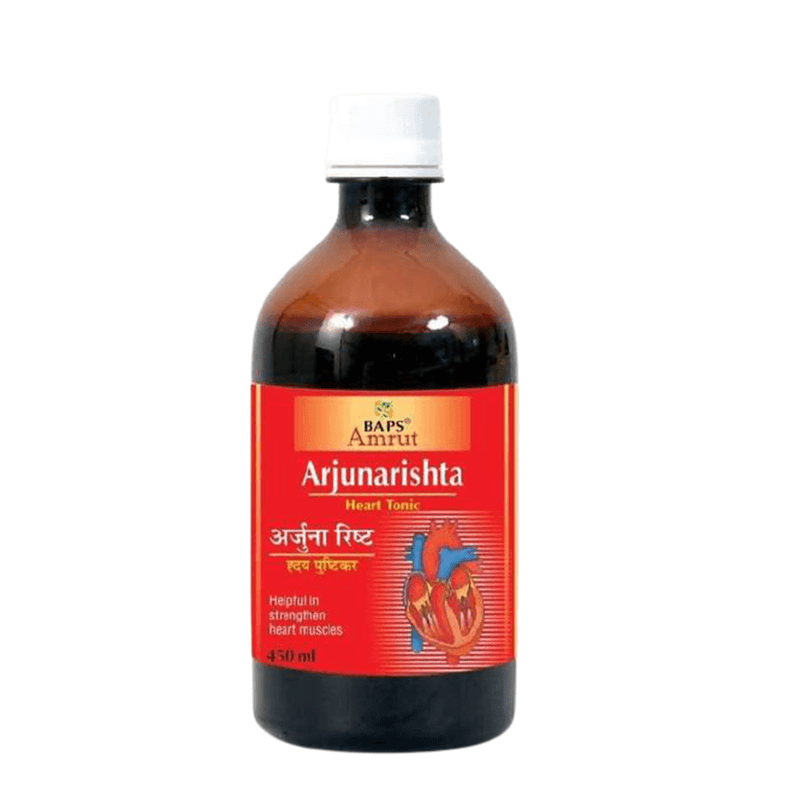 Bottle of Arjunarishta with a red label on a white background