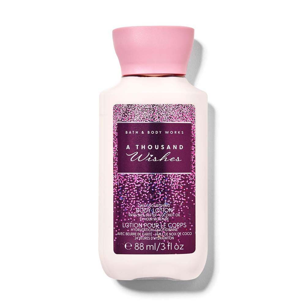 Bath and Body Works lotion bottle with pink cap and label on a white background