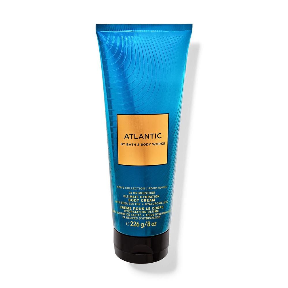 Blue tube of Bath & Body Works Atlantic body wash on a white background