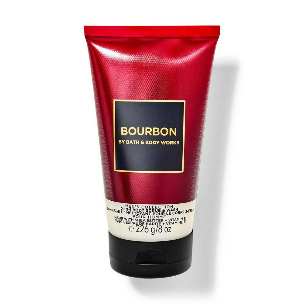 Red tube of Bourbon by Bath & Body Works on a white background