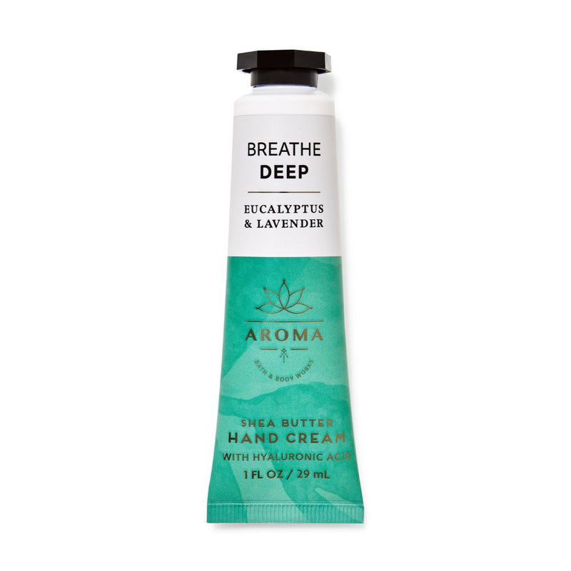 Hand cream tube labeled 'Breathe Deep' with 'Eucalyptus & Lavender' on a white background