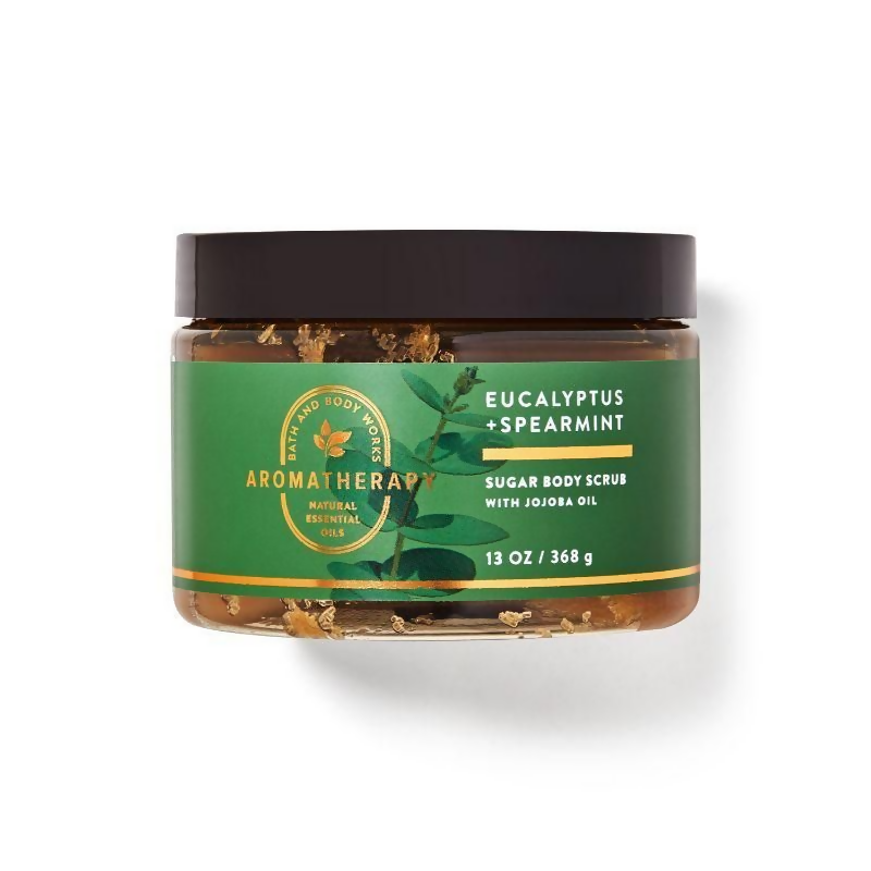 Jar of Eucalyptus + Spearmint sugar body scrub with green label on white background