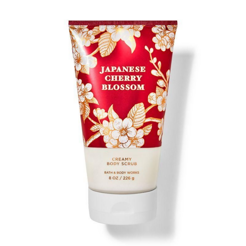 Tube of Bath & Body Works Japanese Cherry Blossom body scrub on a white background