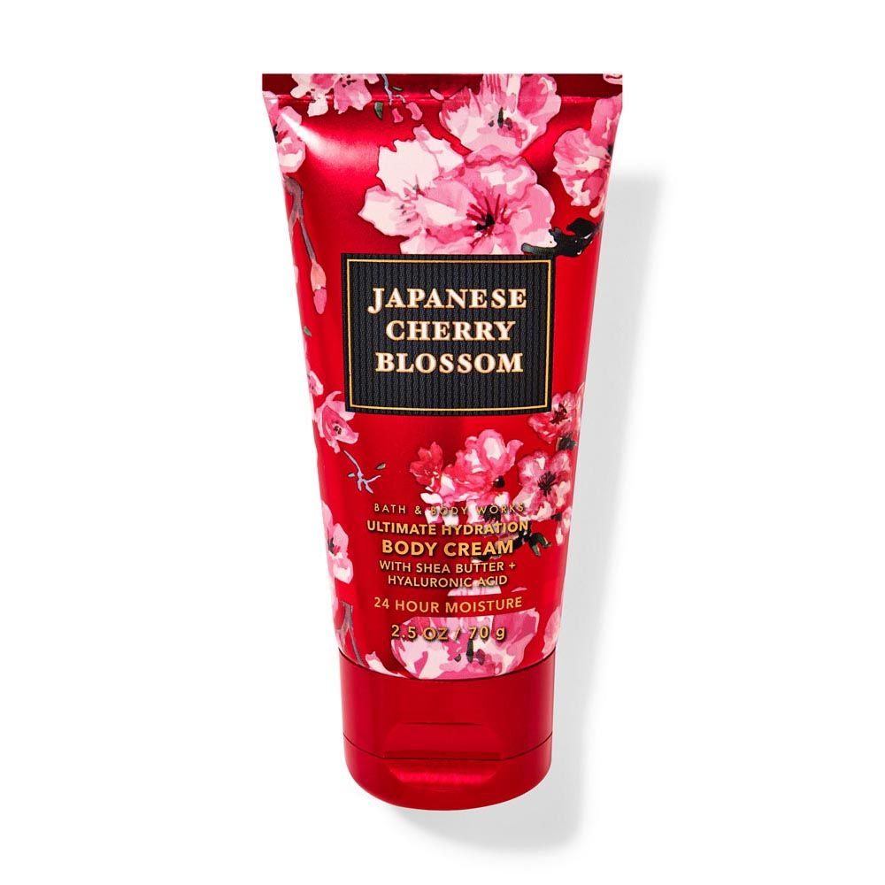 Body cream tube with Japanese Cherry Blossom design on a white background