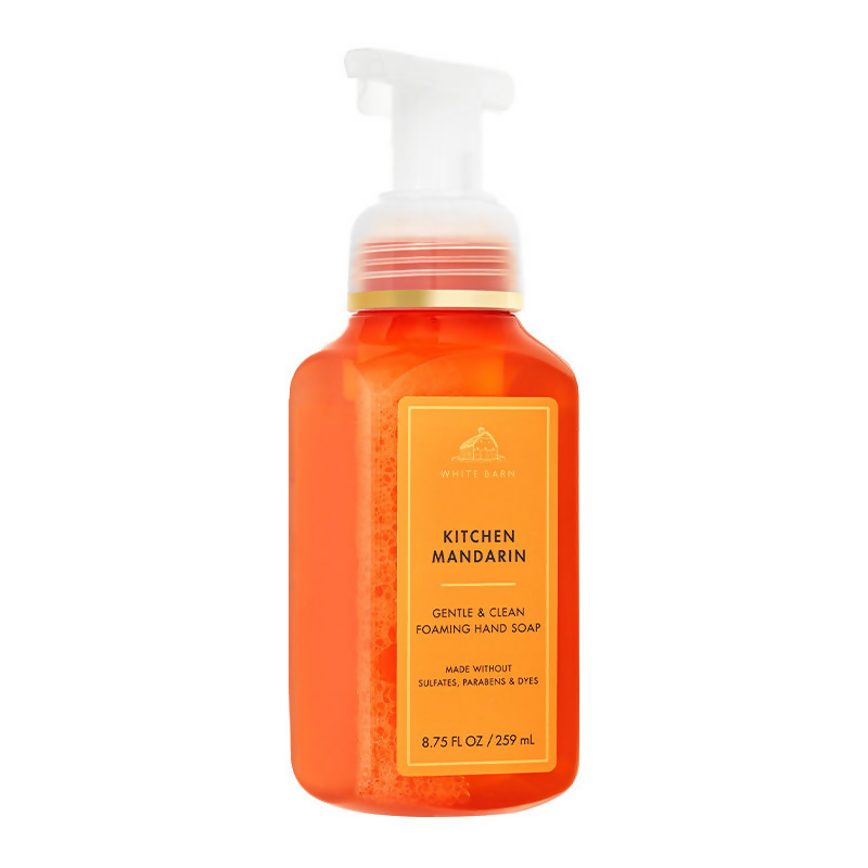 Orange bottle of Kitchen Mandarin foaming hand soap on a white background