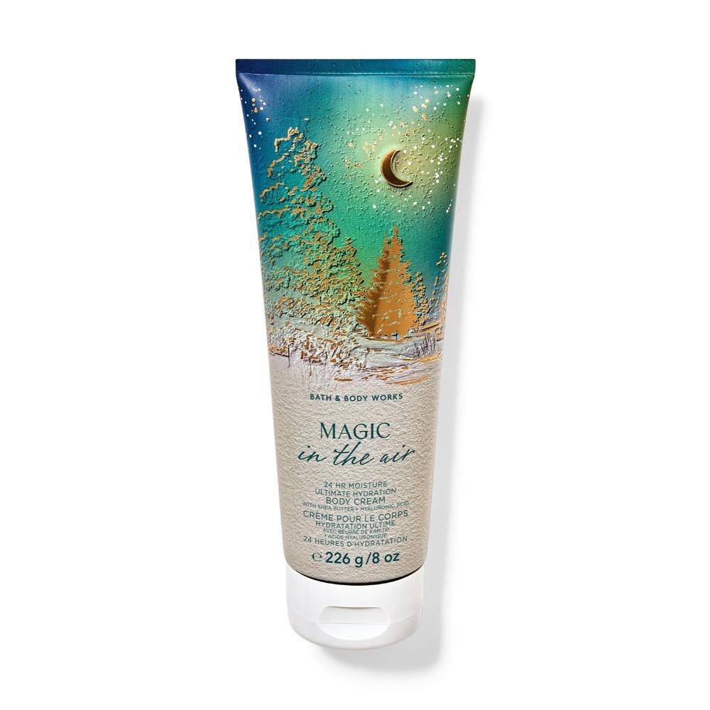 Bath and Body Works body cream tube with winter scene design on a white background