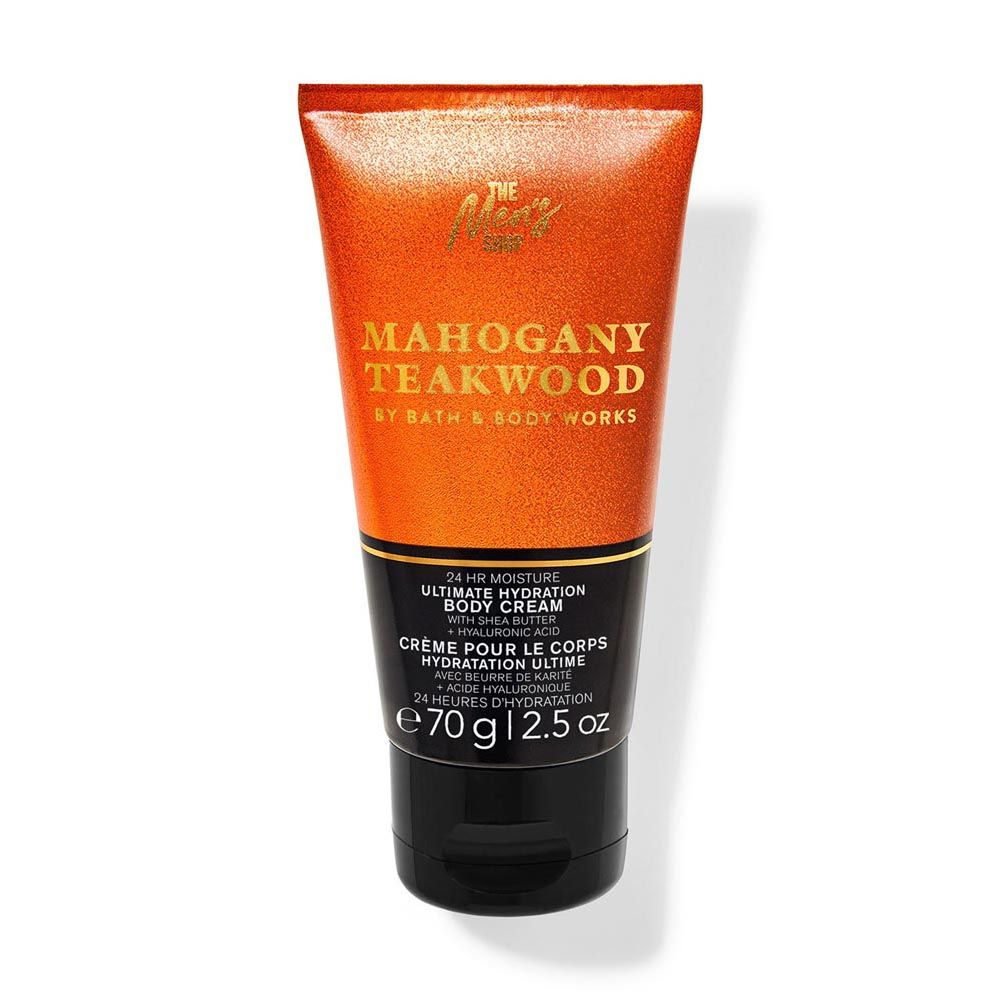 Tube of Mahogany Teakwood body cream by Bath & Body Works on a white background