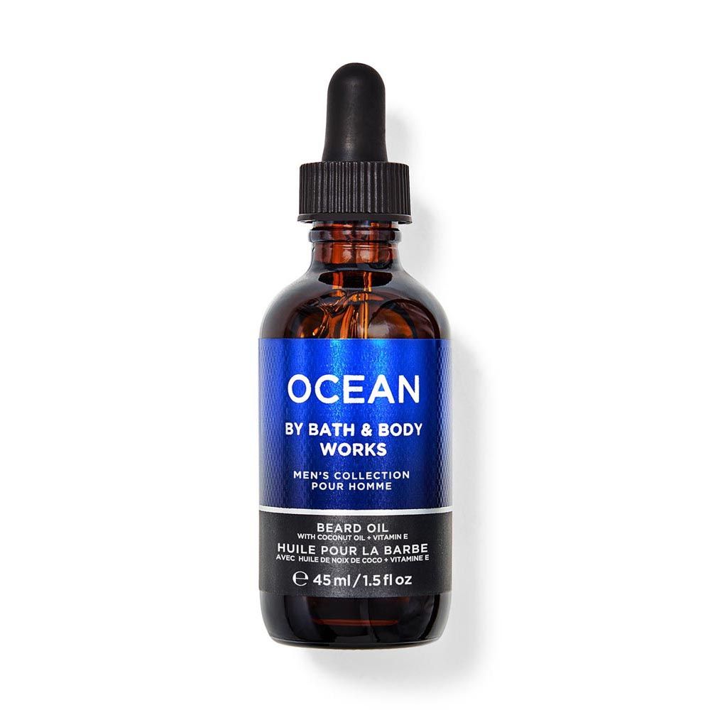 Bottle of Ocean by Bath & Body Works beard oil on a white background