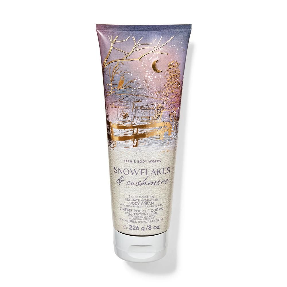 Tube of Bath & Body Works Snowflakes & Cashmere body cream on a white background