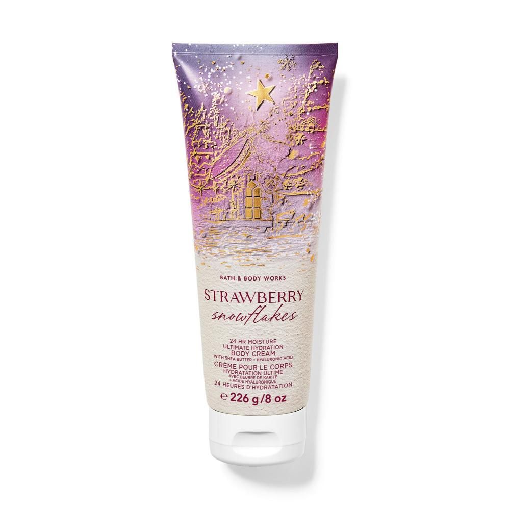 Bath and Body Works Strawberry Snowflakes lotion tube on a white background