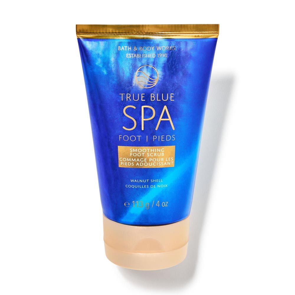 Blue tube of Bath & Body Works True Blue Spa Foot Scrub on a white background