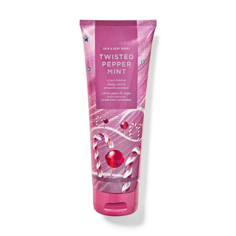 Pink tube of Bath & Body Works Twisted Pepper Mint lotion on a white background