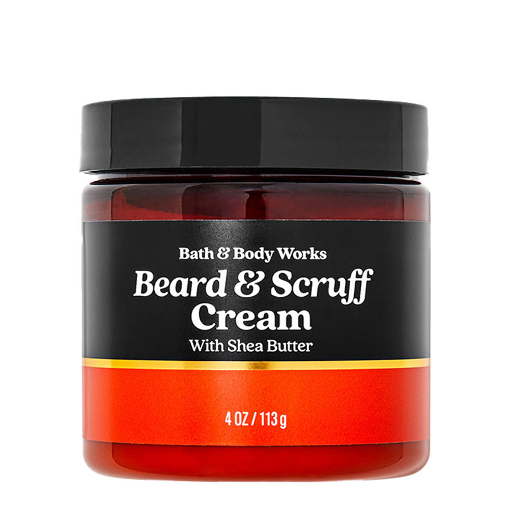 Jar of Bath & Body Works Beard & Scruff Cream with black lid and red body on a white background