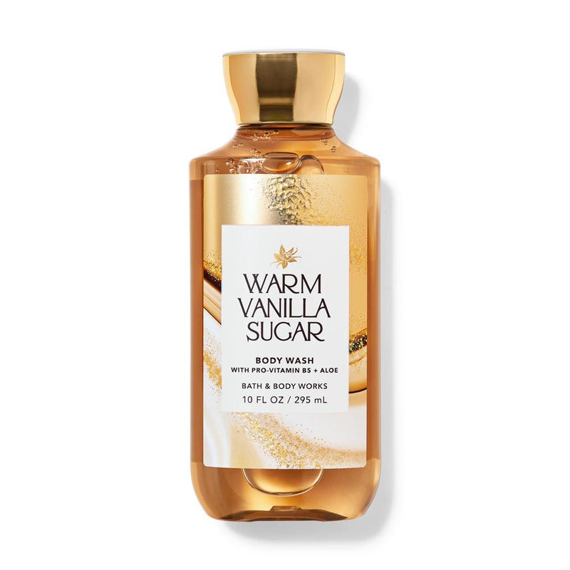 Bottle of Bath & Body Works Warm Vanilla Sugar body wash on a white background