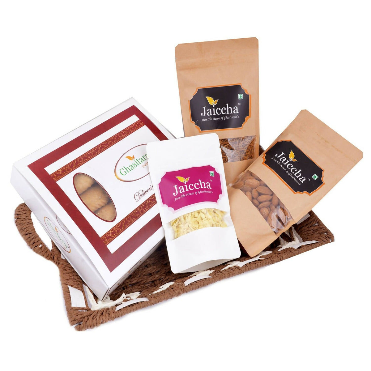 Ghasitaram Brown and White Basket Sugarfree Gujiya, Chiwda, Flavoured Almonds, Nachini Sev Pouches