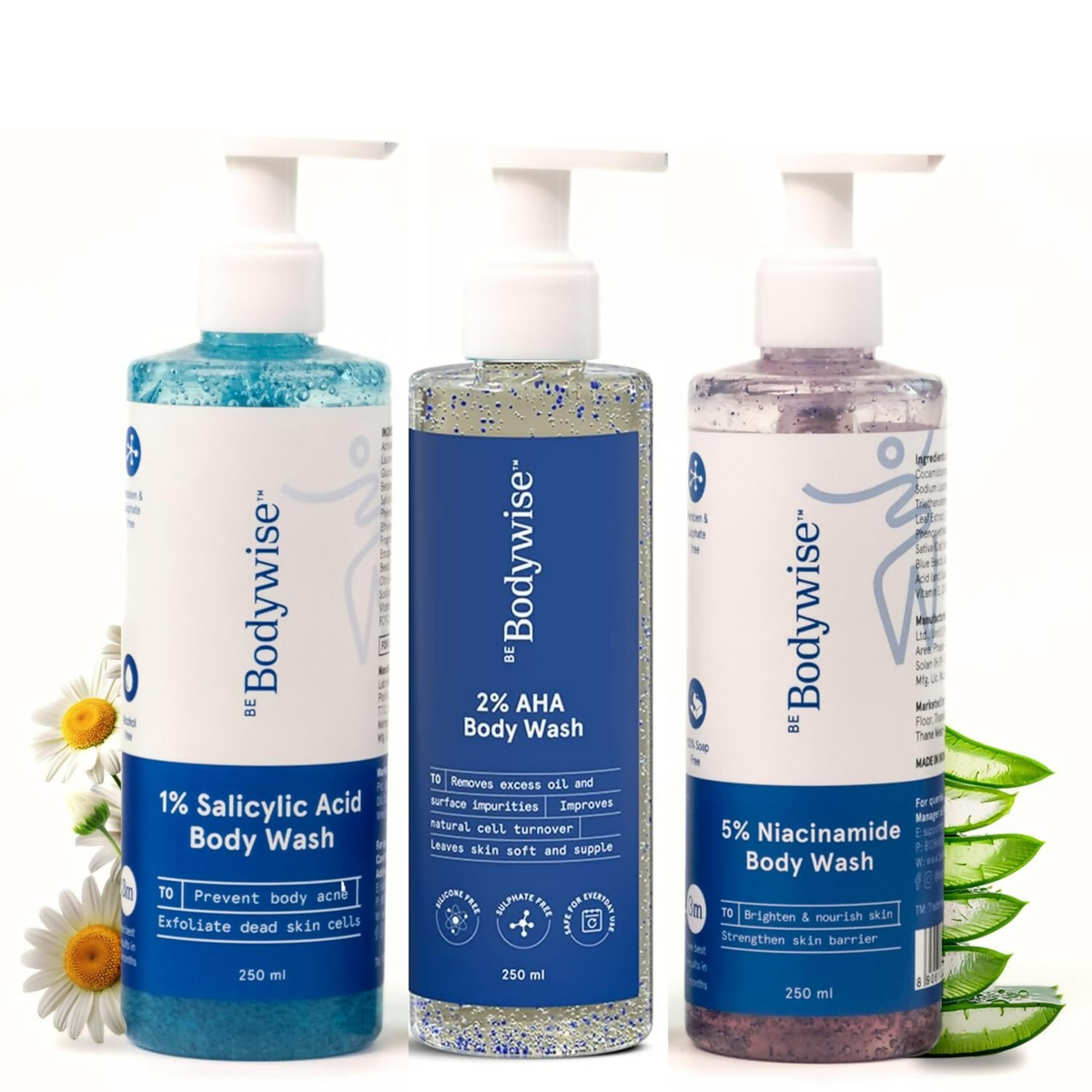 Three bottles of Bodywise body wash with labels on a white background