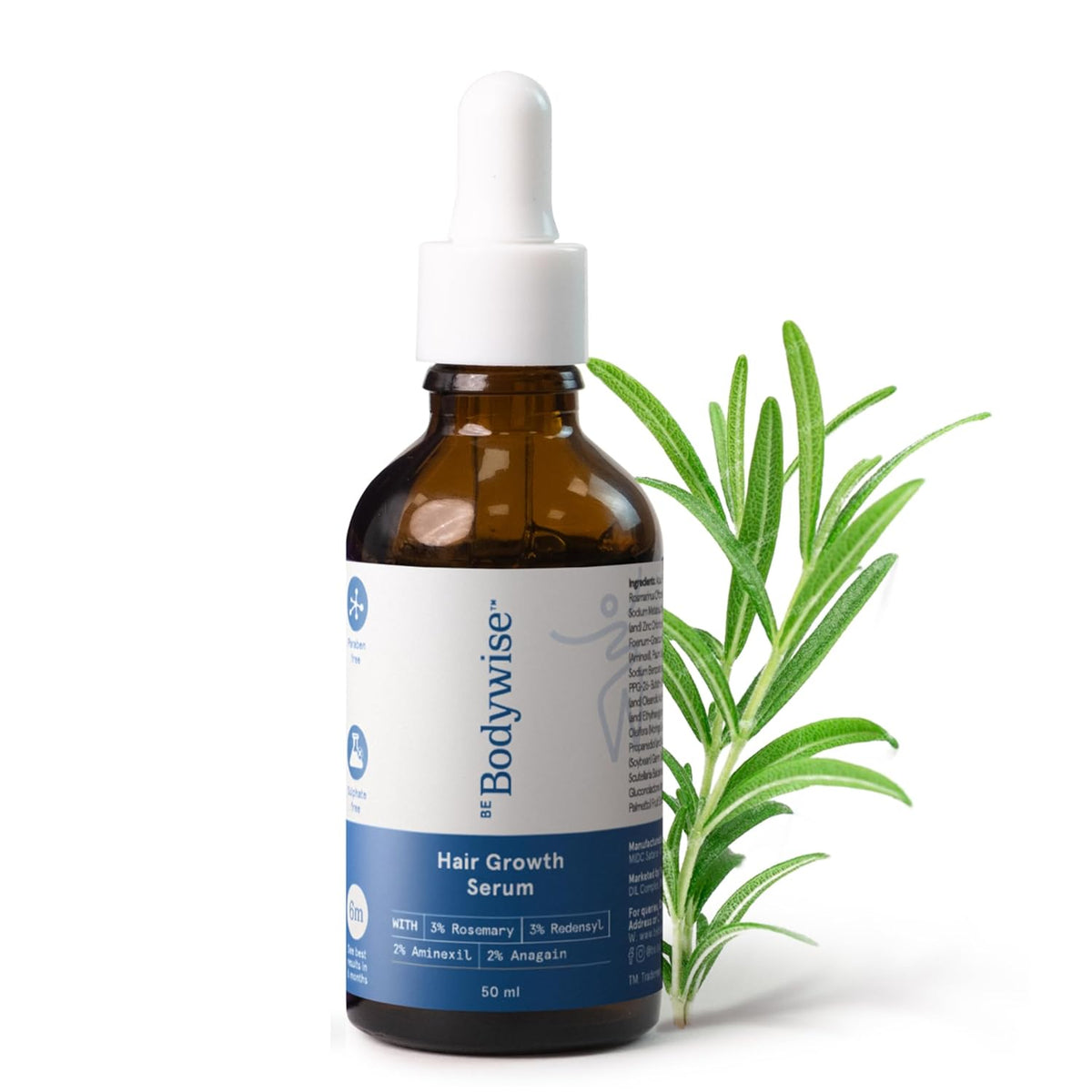 Bodywise Hair Growth Serum bottle with a plant on a white background