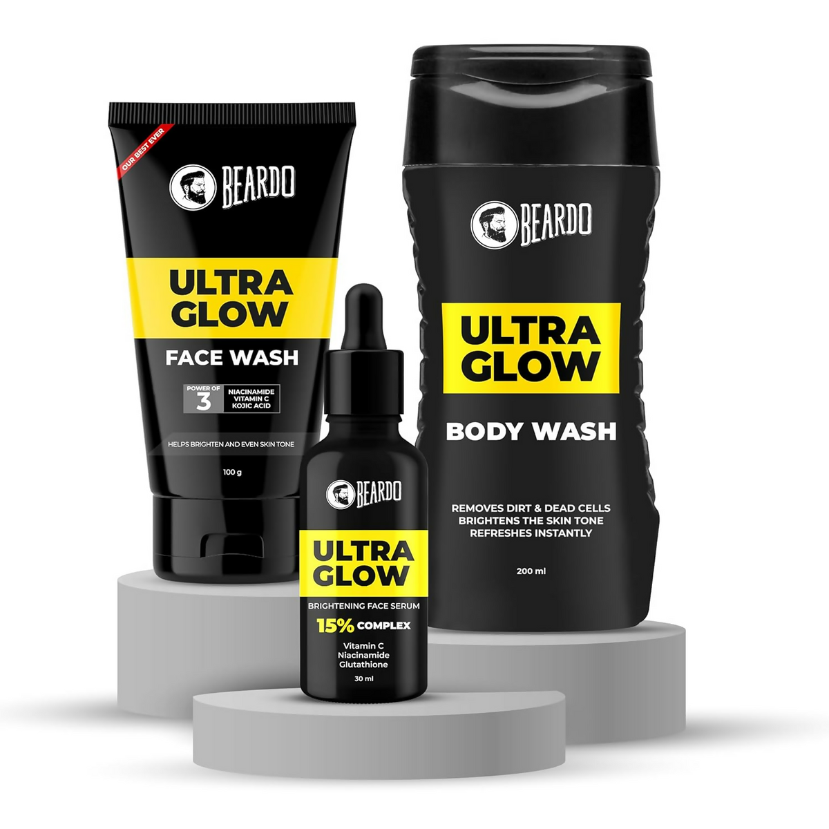 Beardo Ultra Glow skincare products including face wash, body wash, and face serum on a white background.