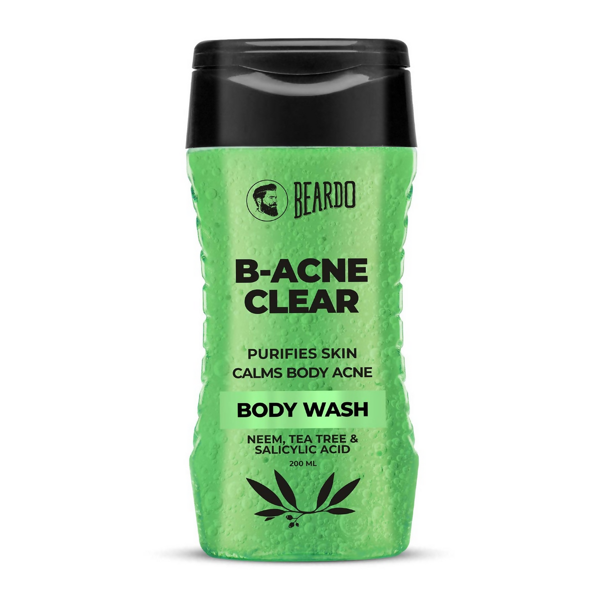 Green body wash bottle with black cap labeled 'B-Acne Clear' by Beardo on a white background.