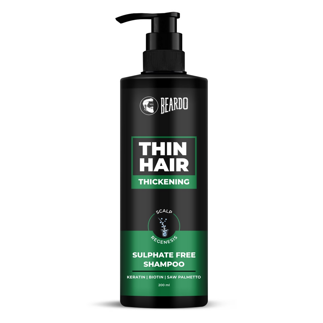 Beardo thin hair thickening shampoo bottle on a white background