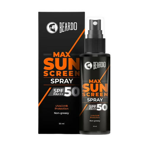 Beardo Max Sunscreen Spray SPF 50 with packaging on a white background