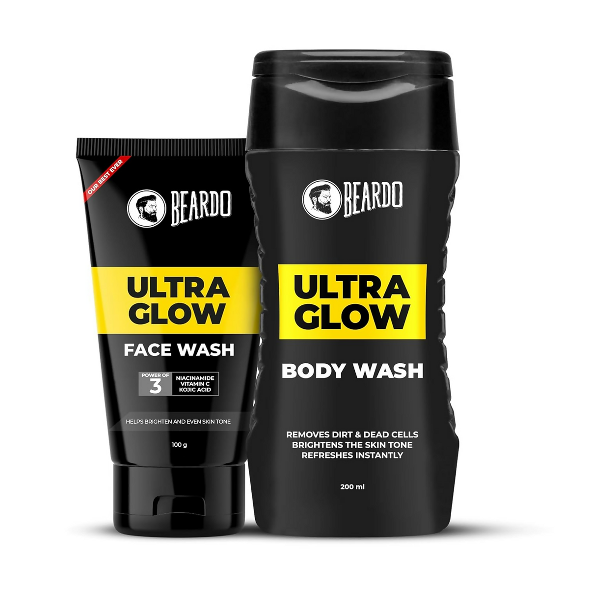 Beardo Ultra Glow Face Wash and Body Wash bottles on a white background