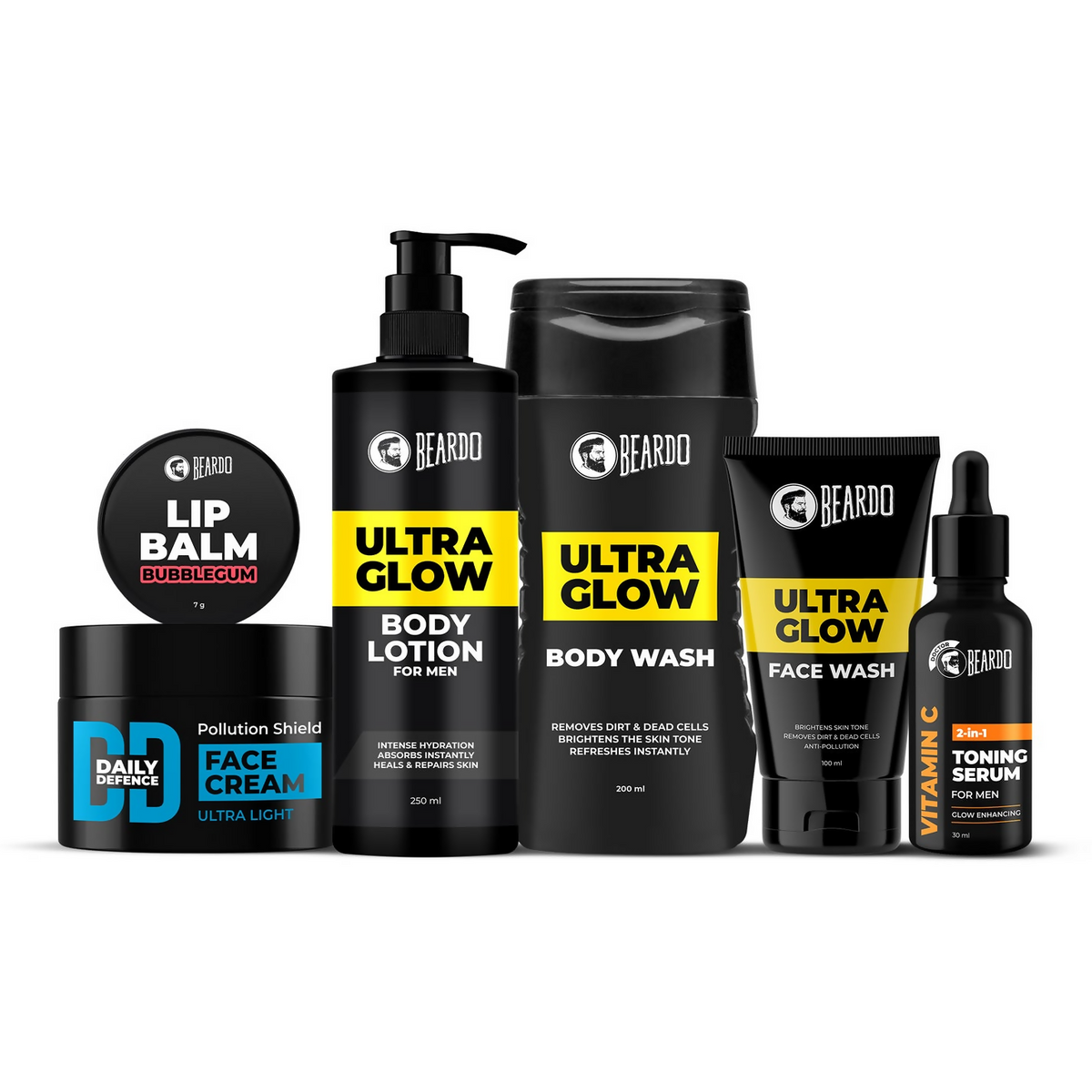 A collection of Beardo winter essentials including face cream, lip balm, body lotion, body wash, and toning serum, all packaged in black containers with yellow and black labeling.