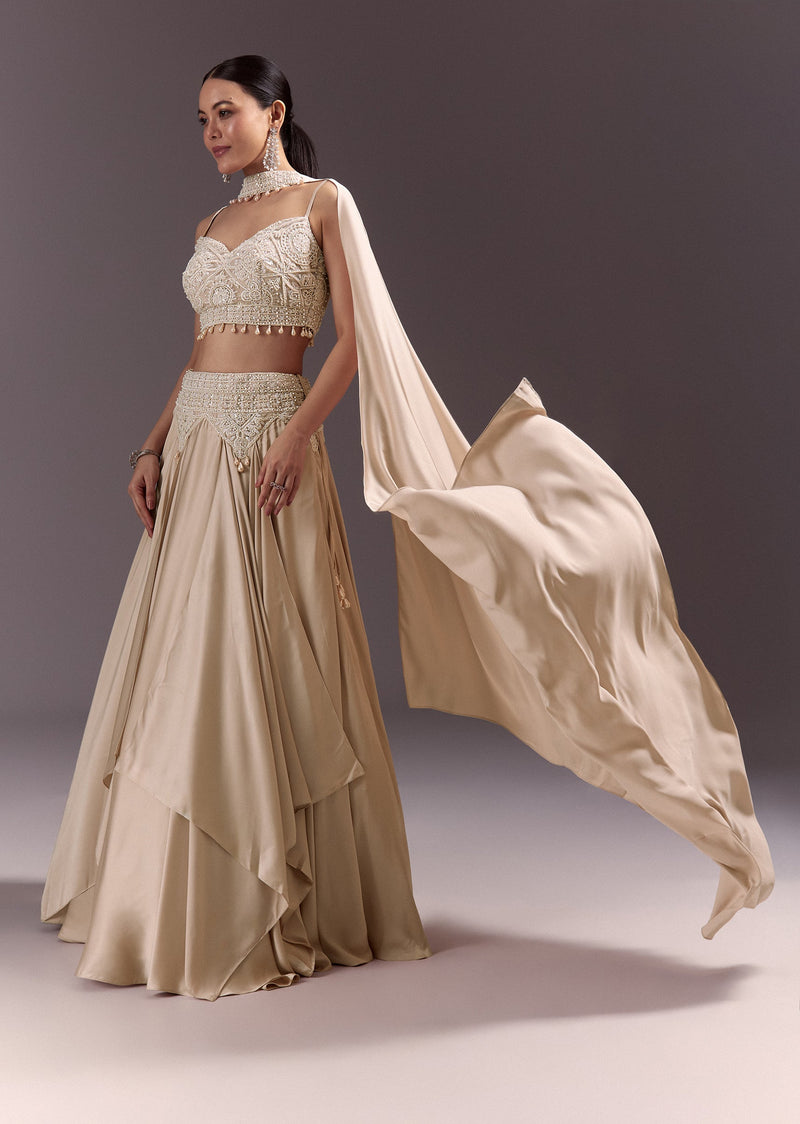 Beige Frill Skirt And Embroidered Blouse Set With Choker Dupatta