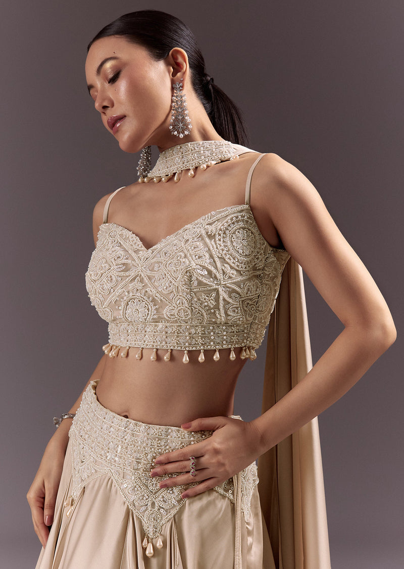 Beige Frill Skirt And Embroidered Blouse Set With Choker Dupatta